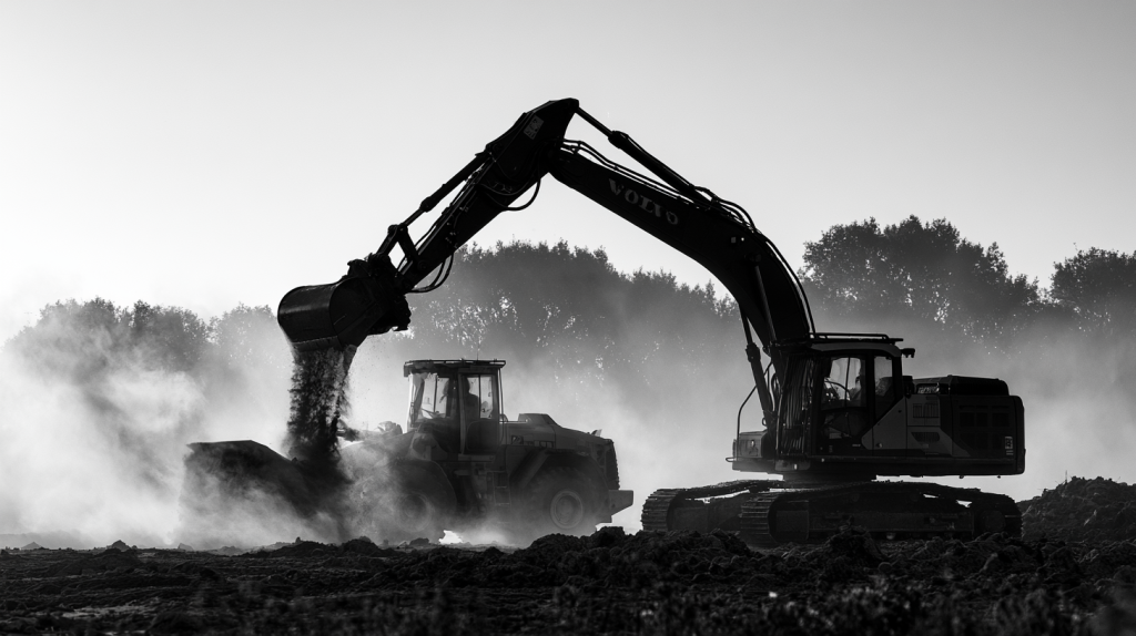 Graafmachine op een bouwplaats voor verzekering van land- en werkmaterieel